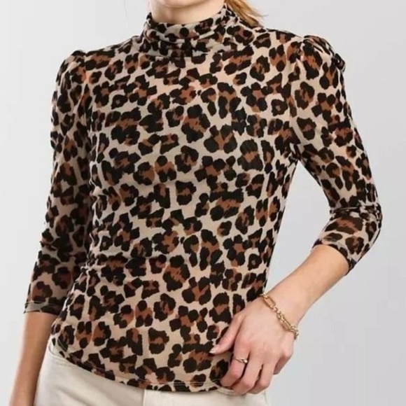FREE PEOPLE Gather Mesh Turtleneck Leopard Print 3/4 Sleeves Small - Picture 5 of 7